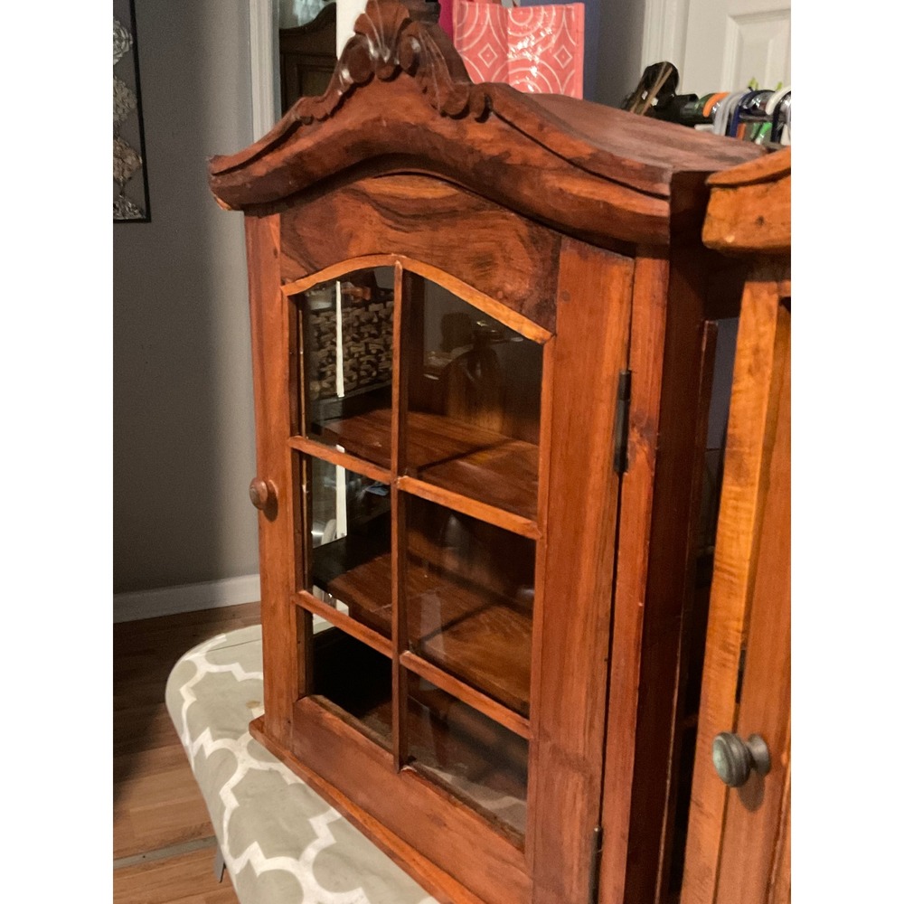 Antique 1802 French Provincial Hanging Cabinets Hand Carved Oak Curio Display